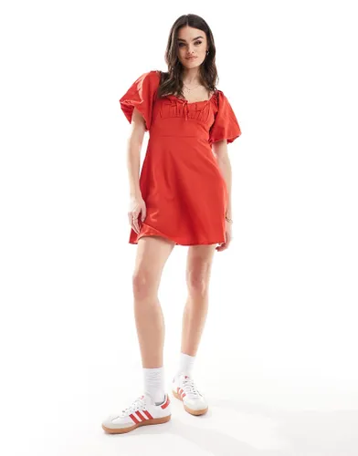 Wednesday's Girl bow detail puff sleeve textured mini dress in red-White