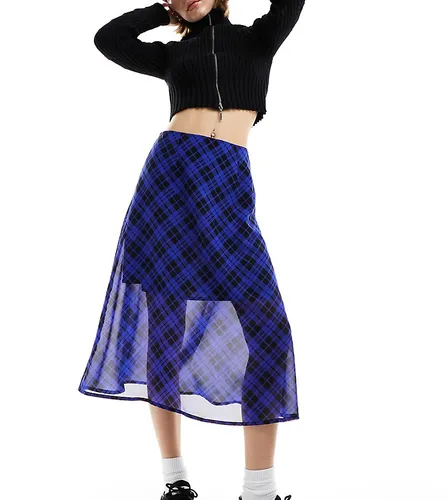 Wednesday's Girl check print floaty mesh midi skirt in blue and black
