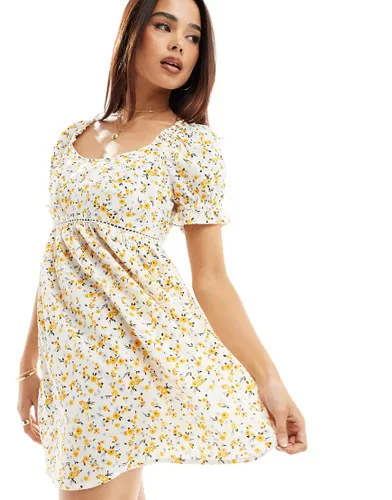 Wednesday's Girl chintzy floral mini smock dress in white and yellow