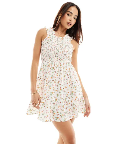 Wednesday's Girl ditsy floral shirred cami mini dress in white-Multi