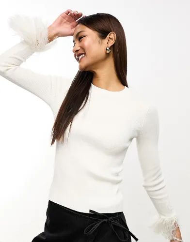 Wednesday's Girl fitted rib jumper with fluffy cuffs in cream-White