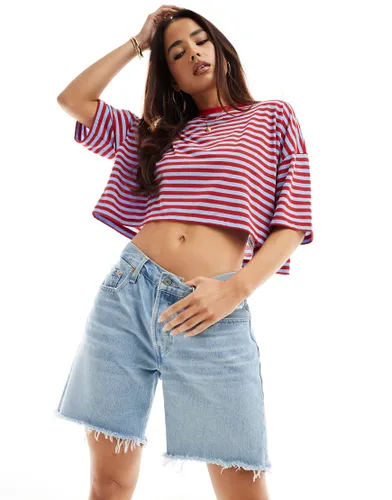 Wednesday's Girl micro stripe cropped boxy t-shirt in blue and red-Multi