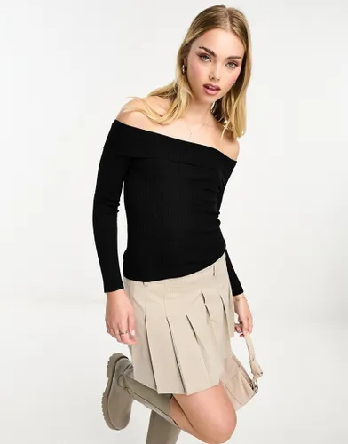 Wednesday's Girl ribbed off shoulder knitted top in black