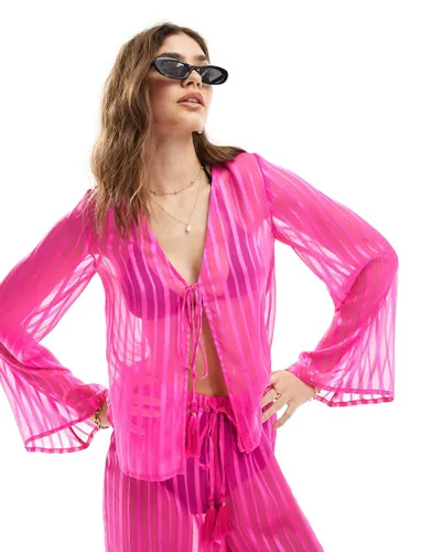 Wednesday's Girl tie-detail beach blouse co-ord in bright pink