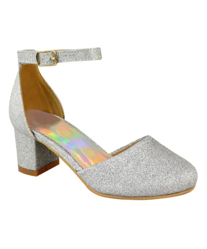 Where's That From Girls Kids 'Abena' Closed Toe Mid High Heel Sandals With Ankle Strap - Silver Glitter