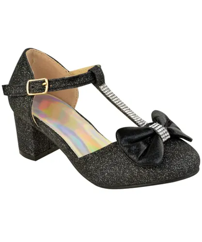 Where's That From Girls Kids 'Chava' Mid High Heel Sandals With Bow & Diamante Detail - Black Glitter