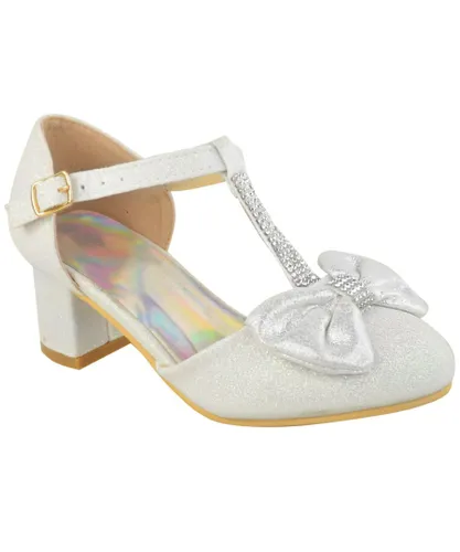 Where's That From Girls Kids 'Chava' Mid High Heel Sandals With Bow & Diamante Detail - White Glitter