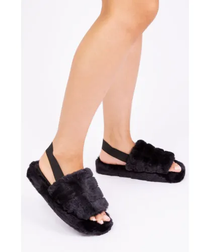 Where's That From Girls Kids 'Chloe' Fluffy Faux Fur Mule Slippers With Elastic Strap - Black