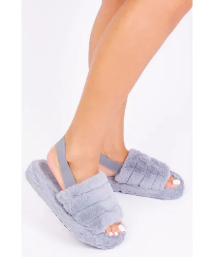 Where's That From Girls Kids 'Chloe' Fluffy Faux Fur Mule Slippers With Elastic Strap - Grey