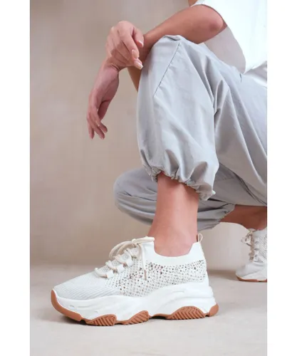 Where's That From Womens 'Advantage' Chunky Sole Mesh Knit Lace Up Trainers - Beige