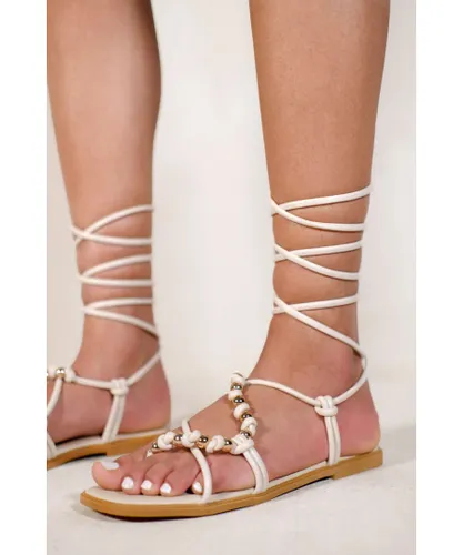 Where's That From Womens Aspyn Toe Thong Sandals With Beads And Lace Up Detail - Ivory Cream