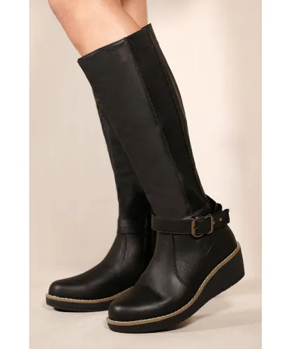 Where's That From Womens 'Ayleen' Wedge Heel Knee High Boots With Elastic Panel In Black Faux Leather