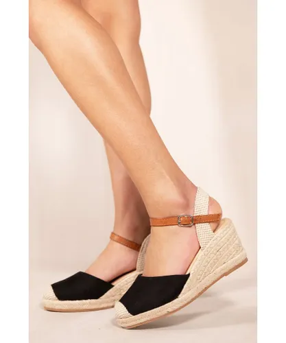 Where's That From Womens 'Blakely' Low Wedge Espadrille Sandals With Close Toe In Black Suede