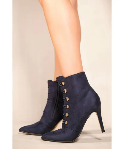 Where's That From Womens 'Blythe' Pointed Toe Mid Heel Ankle Boots In Navy Blue Faux Suede