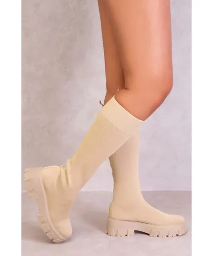 Where's That From Womens Charmaine Chunky Knee High Boot With Knitted Sock - Beige
