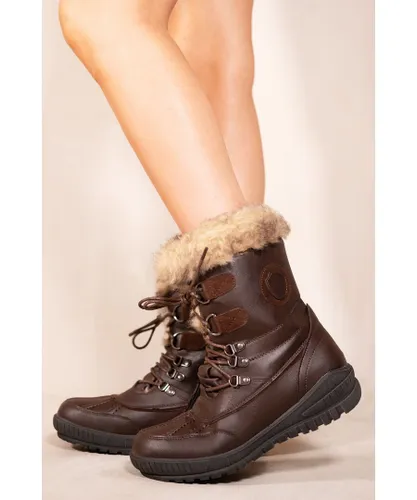 Where's That From Womens 'Clarrisa' Flatform Fur Lined Ankle Boots With Lace Up - Chocolate Brown Faux Leather