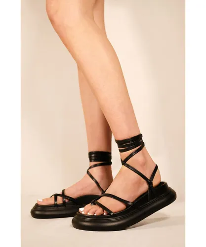 Where's That From Womens Daleyza Chunky Strappy Sandals With Toe Thong & Lace Up Detail - Black