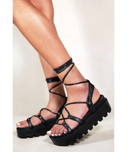 Where's That From Womens Denisse Chunky Platform Sandals With Lace Up Detail - Black