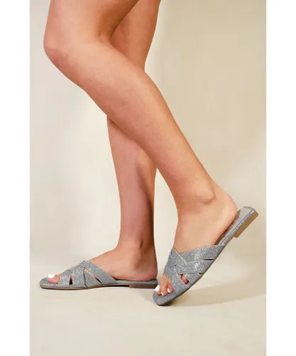 Where's That From Womens 'Evangeline' Flat Strappy Sliders In Silver Glitter