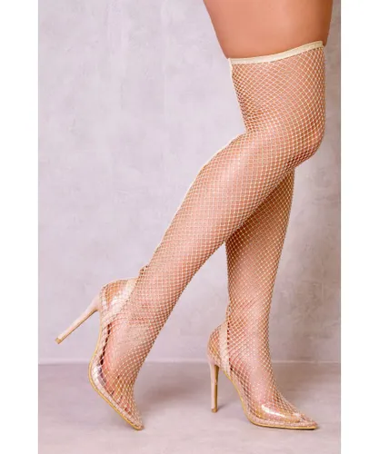 Where's That From Womens Freya Pointed High Heel With Over The Knee Fishnet And Diamante Detail - Nude