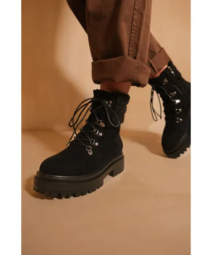 Where's That From Womens 'Heidi' Platform Lace Up Boot With Side Zip And Faux Wool Detail Around The Ankle - Black