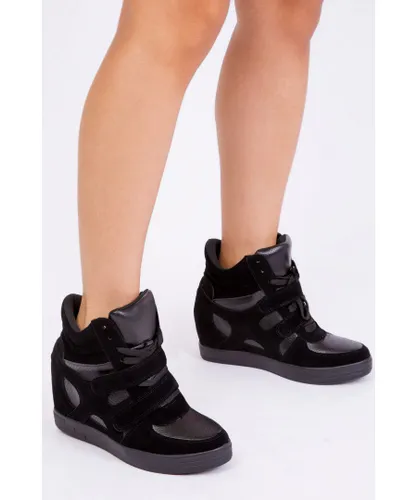 Where's That From Womens Hitop Wedge Trainers With A Front Lace Up And Velcro - Black