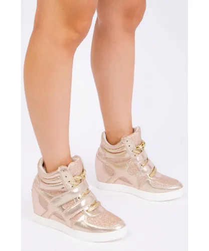 Where's That From Womens Hitop Wedge Trainers With A Front Lace Up And Velcro - Golden - Gold