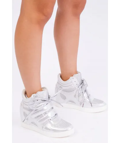 Where's That From Womens Hitop Wedge Trainers With A Front Lace Up And Velcro - Silver