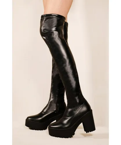 Where's That From Womens 'Iris' Chunky Platform Heel Knee High Boots In Black Faux Leather