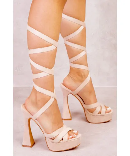 Where's That From Womens Jocelyn Suede Flared Block High Heels With Strappy Lace Up Detail - Nude