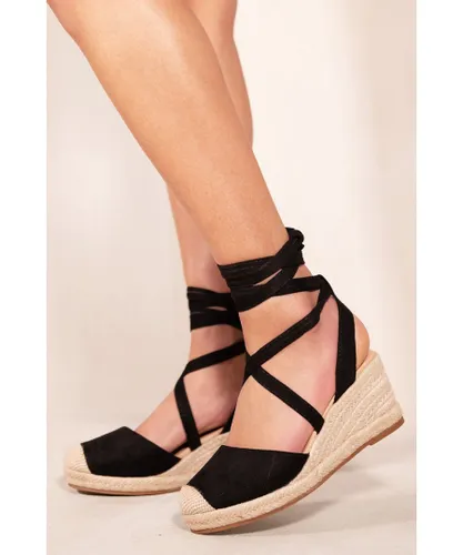 Where's That From Womens 'Juniper' Low Wedge Espadrille Sandals With Lace Up Detail In Black Suede
