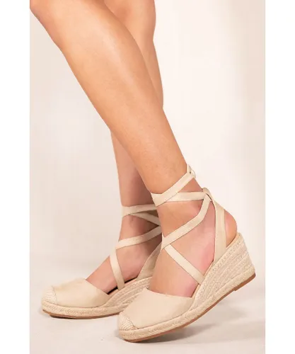 Where's That From Womens 'Juniper' Low Wedge Espadrille Sandals With Lace Up Detail In Ivory Cream Suede