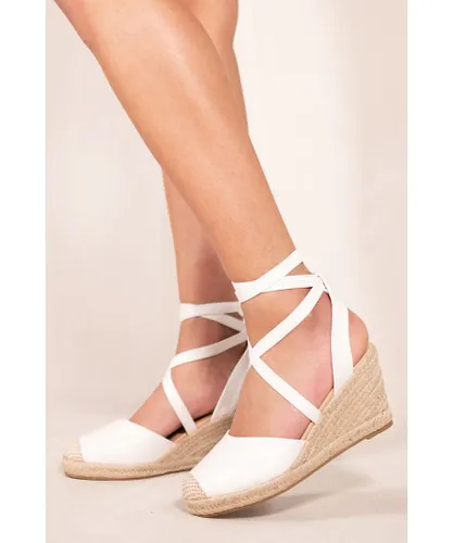 Where's That From Womens 'Juniper' Low Wedge Espadrille Sandals With Lace Up Detail In White Faux Leather