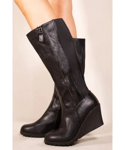 Where's That From Womens 'Lara' Wedge Heel Mid Calf High Boots With Side Zip - Black Faux Leather