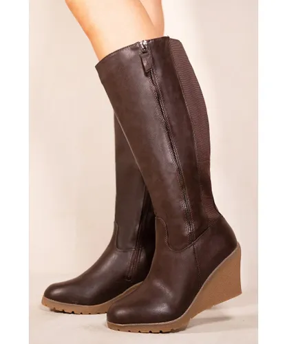Where's That From Womens 'Lara' Wedge Heel Mid Calf High Boots With Side Zip - Chocolate Brown Faux Leather
