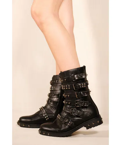 Where's That From Womens 'Lili' Studded Ankle Boot With Silver Buckle And Side Zip-Up In Black Faux Leather