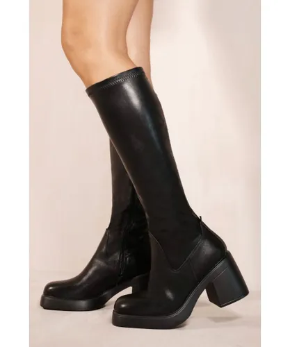 Where's That From Womens 'Lilith' Mid High Block Heel Calf Boots With Side Zip In Black Faux Leather