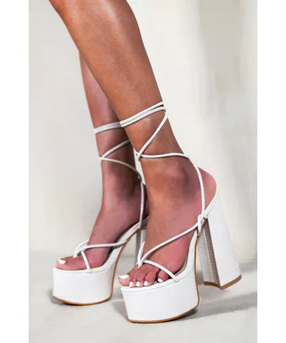 Where's That From Womens Mabel Block High Heels With Thong Strap & Lace Up Detail - Ivory Cream
