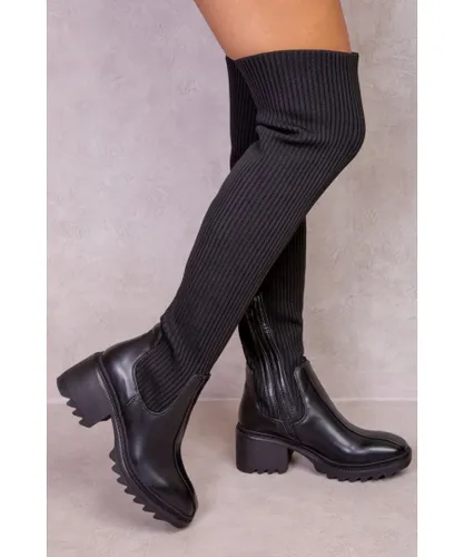 Where's That From Womens Molly Chunky Over The Knee Boot With Knitted Leg Fit - Black