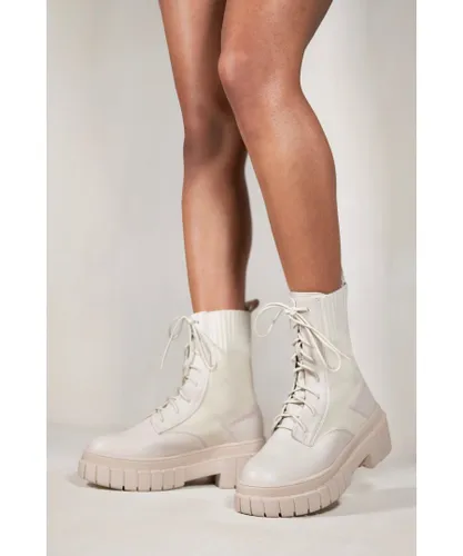 Where's That From Womens Nellie Chunky Ankle Boot With Knitted Elastic And Lace Up - Ivory Cream