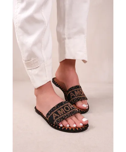 Where's That From Womens 'Note' Strap Flat Sandals With Beaded Text Detail - Black