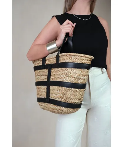 Where's That From Womens 'Ocean' Ratan Beach Bag With Pu Strap Detailing - Black - One Size