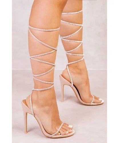 Where's That From Womens Ophelia Diamante Strap Lace Up Tie Leg High Heels - Champagne Gold Satin - Silver