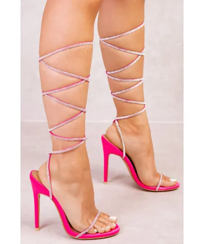 Where's That From Womens Ophelia Diamante Strap Lace Up Tie Leg High Heels - Fuschia Pink Satin