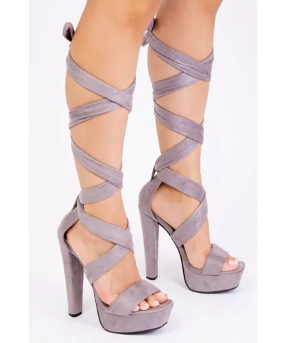 Where's That From Womens Qistina High Heel Platform With Lace-Up Straps - Grey