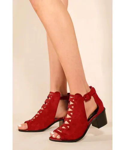 Where's That From Womens 'Reydah' Mid High Block Heel Sandals With Peep Toe & Criss Cross Detail - Red