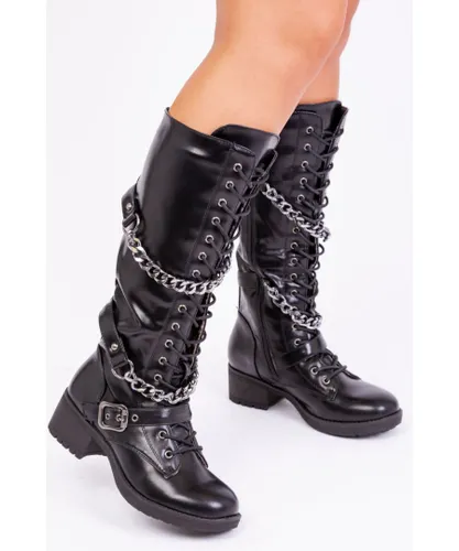 Where's That From Womens Rocky Calf Lace Up Boot With Double Chain Design - Black - Black & Silver