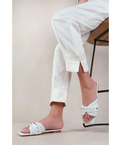 Where's That From Womens 'Saturn' Double Cross Over Strap Flat Sandals With Stud Details - White