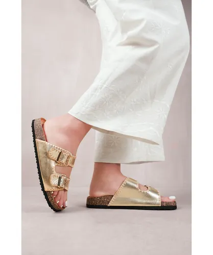 Where's That From Womens 'Sunset' Double Strap Flat Sandals With Buckle Detail - Gold