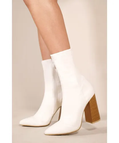 Where's That From Womens 'Tatum' Block Heeled Boots With Pointed Toe In White Faux Leather